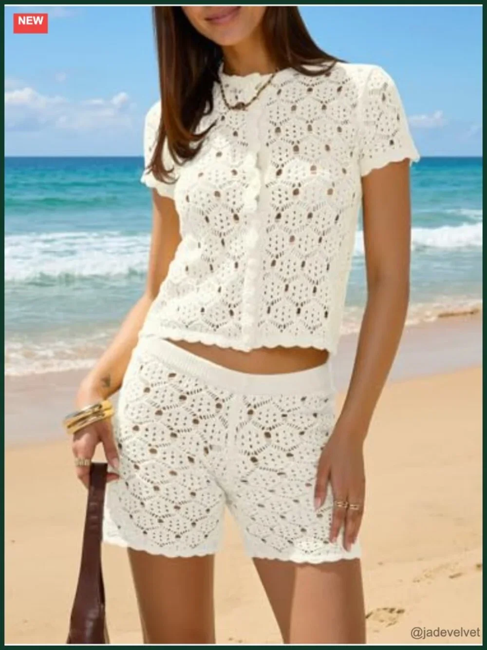 Crochet 2 Piece Cover Up Set Crop Top & High Waist Shorts